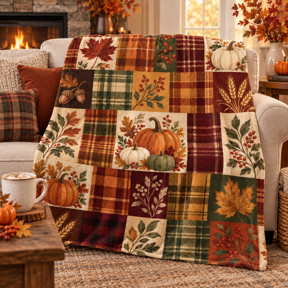 Harvest plaid throw blanket styled as cozy fall home decor