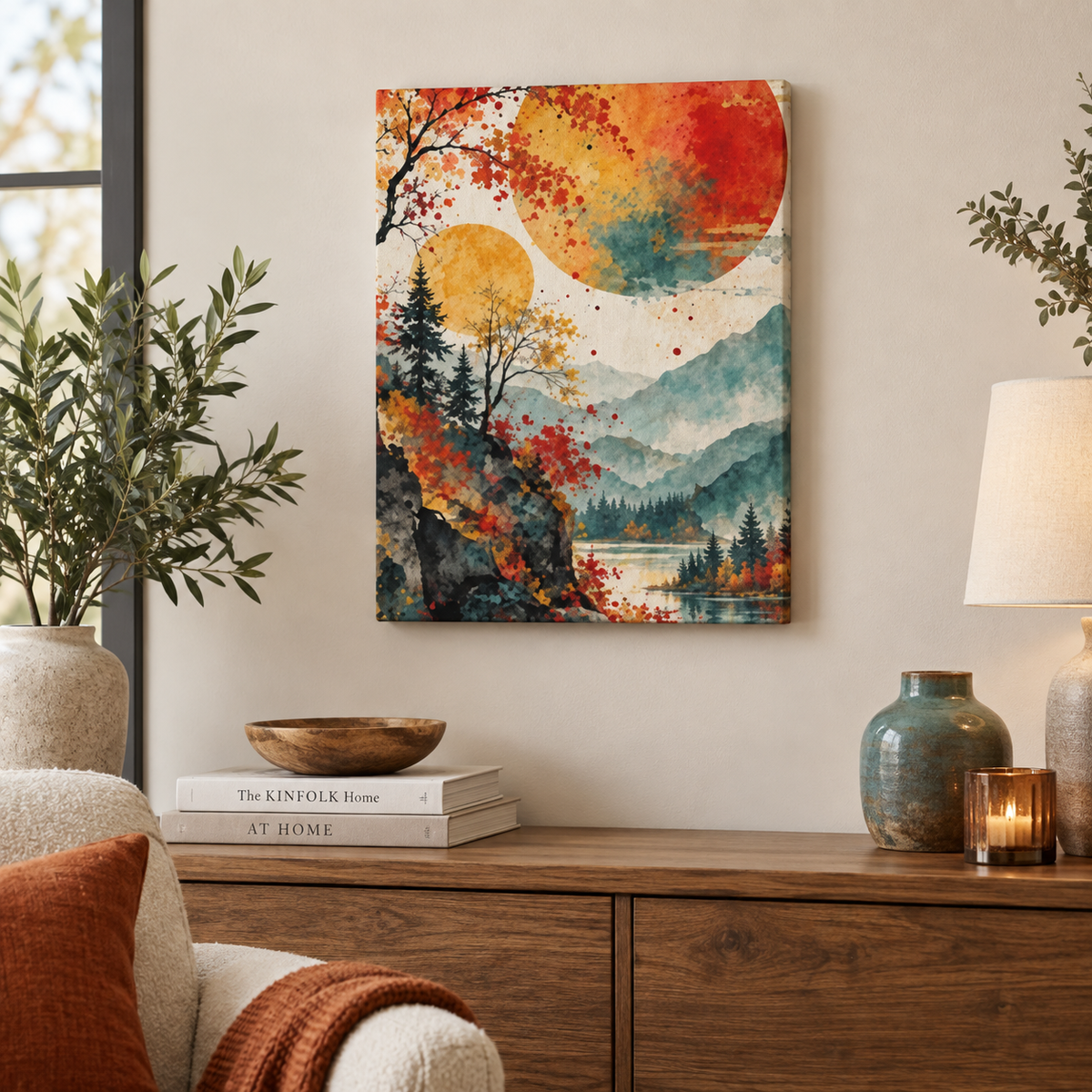 Abstract Autumn Mountain Lake Canvas Print 18×24 vertical wall art mockup