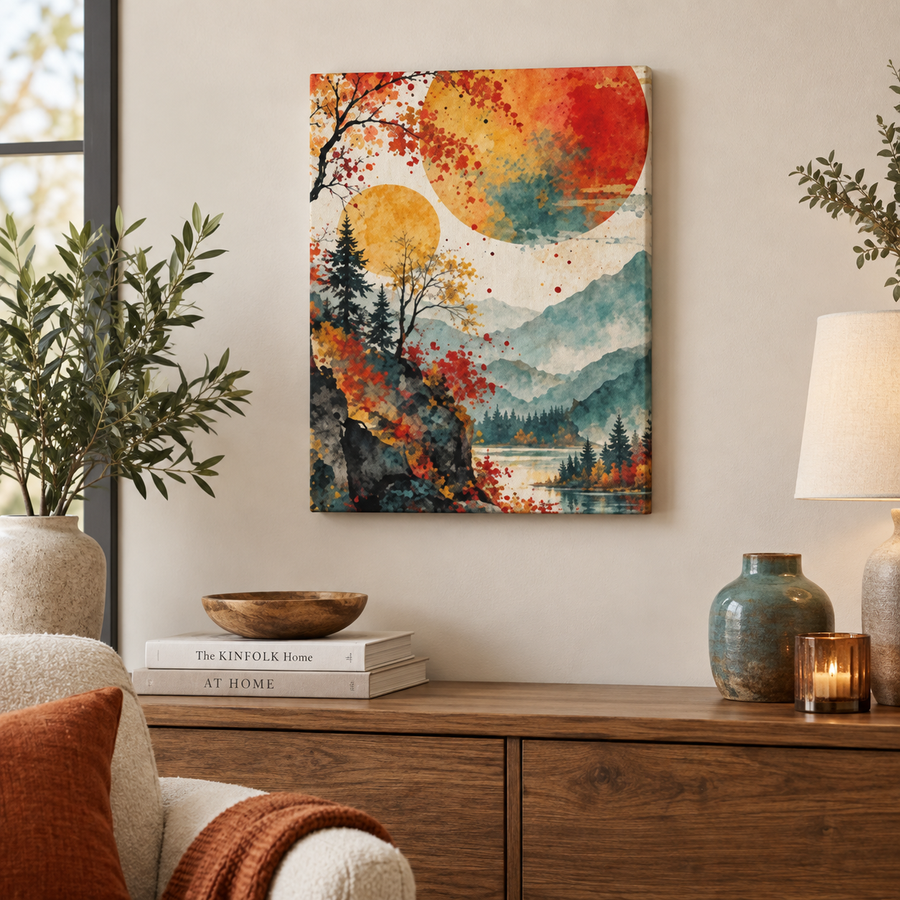 Abstract Autumn Mountain Lake Canvas Print 18×24 vertical wall art mockup