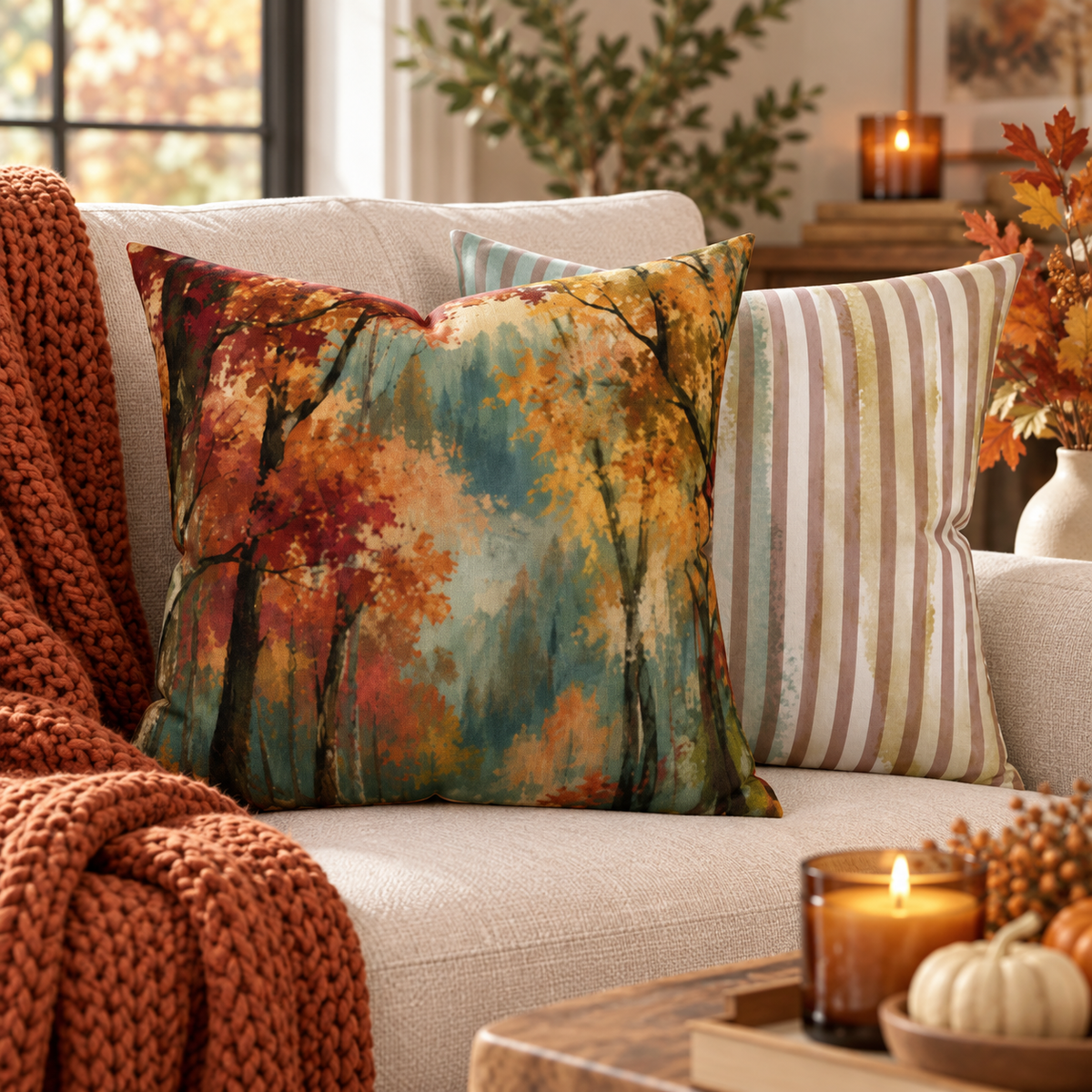 Abstract Autumn Forest Pillow 18×18 fall decor mockup