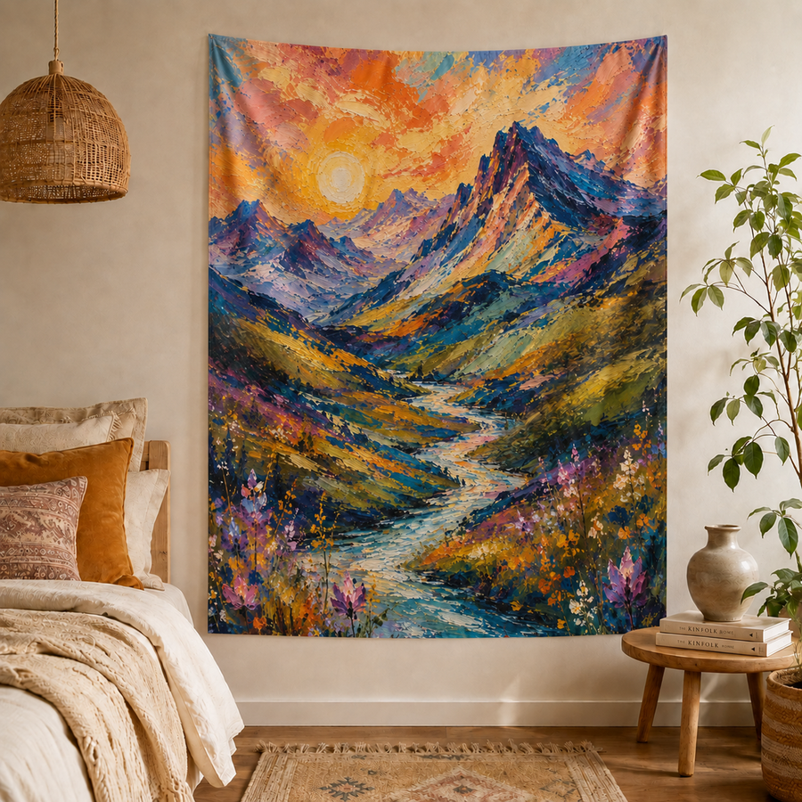 Abstract Expressionism Mountain Wildflower Indoor Tapestry 50×60 | Colorful Sunset Landscape Wall Art