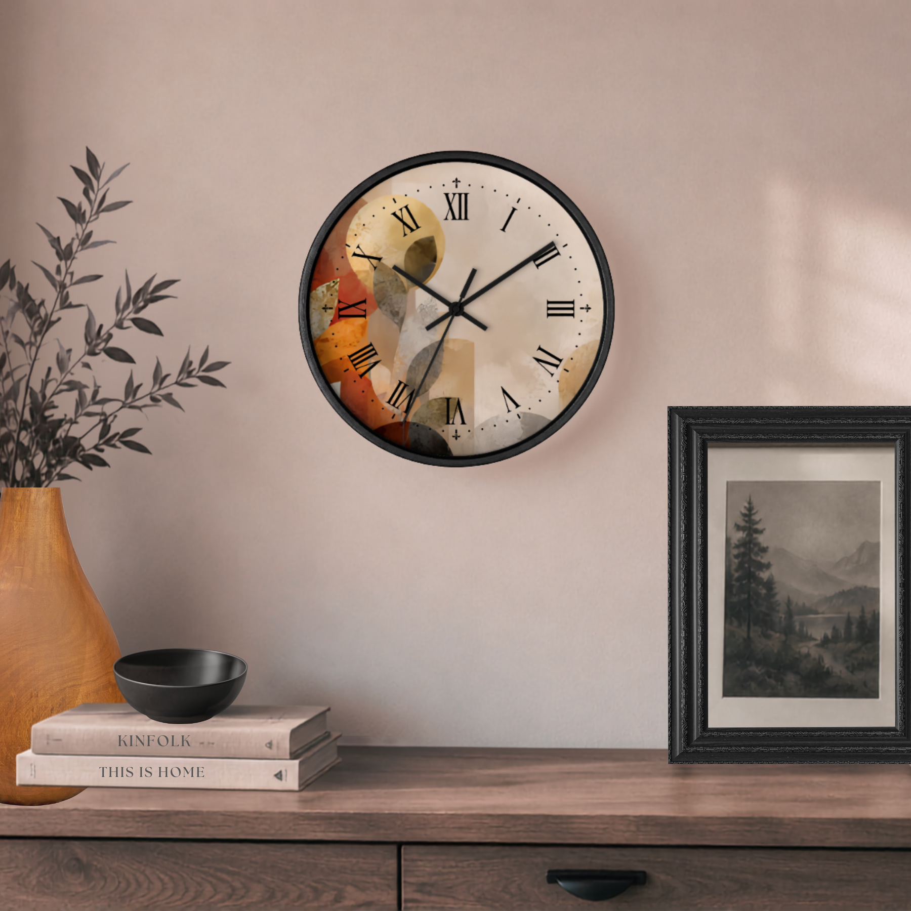 Abstract Geometric Wall Clock – Warm Neutral Roman Numeral Decor