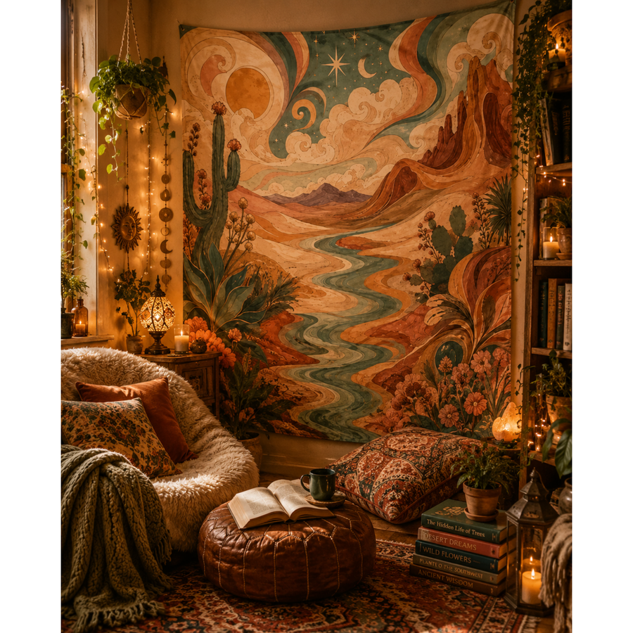 Art Nouveau Desert Indoor Tapestry 50×60 | Boho Wavy Landscape Wall Art