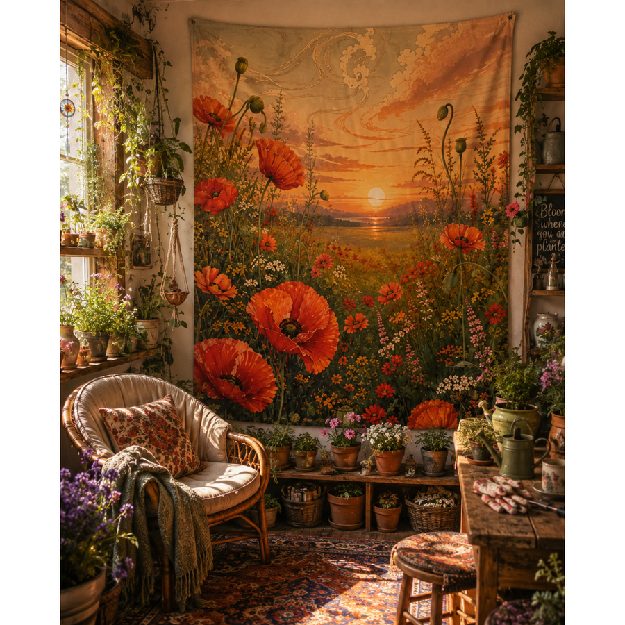 Art Nouveau Poppy Indoor Tapestry 50×60 | Floral Wall Art