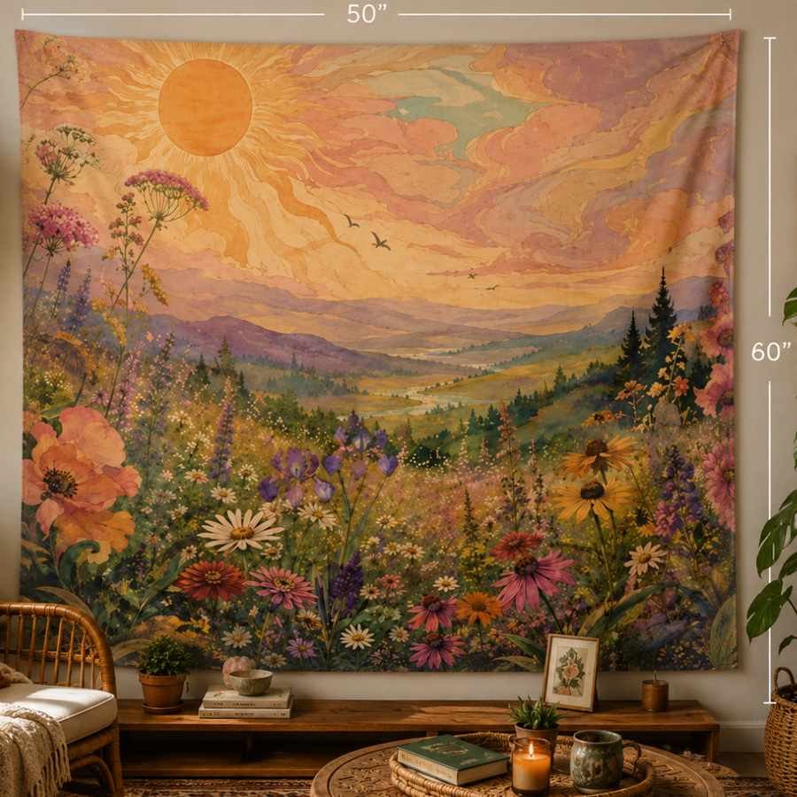 Art Nouveau Wildflower Meadow Indoor Tapestry 50×60 | Crescent Moon Wall Decor
