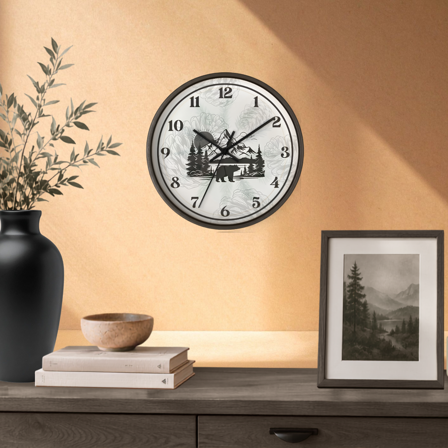 Bear Mountain Forest Wall Clock – Black, White & Gray Wilderness Decor