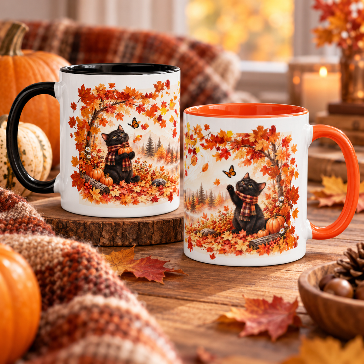 Black Cat Fall Mug 11 oz with pumpkin autumn artwork mockup