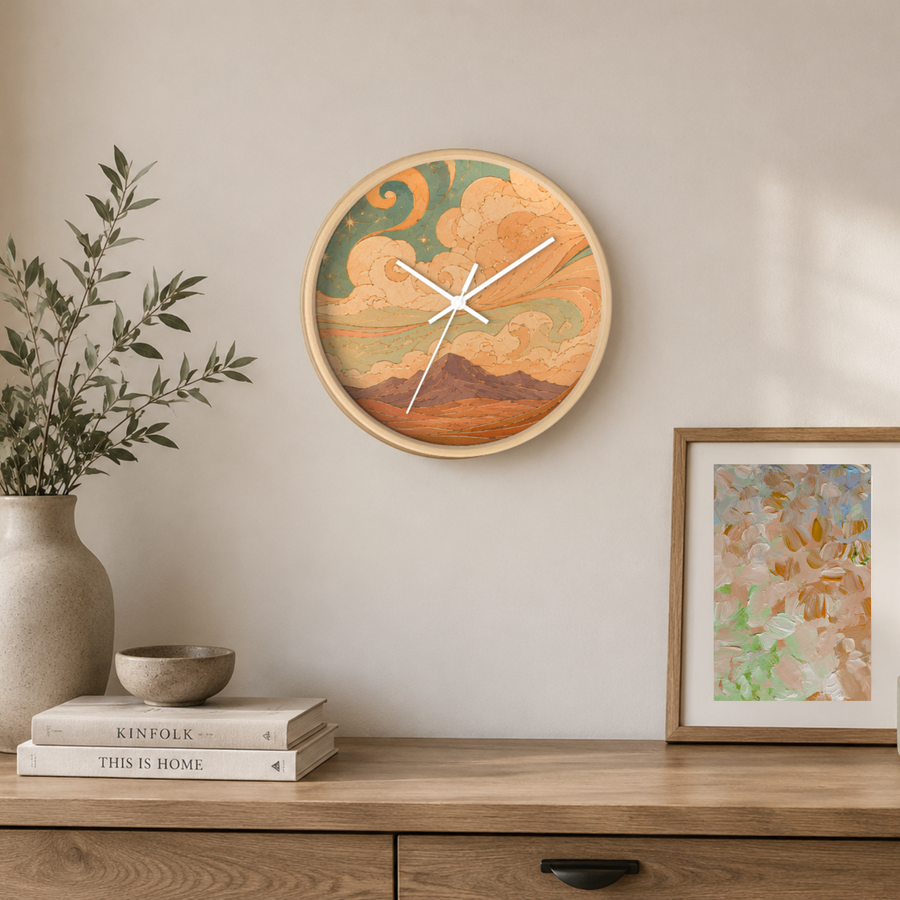 Celestial Desert Wall Clock – Boho Mountain & Moon Decor
