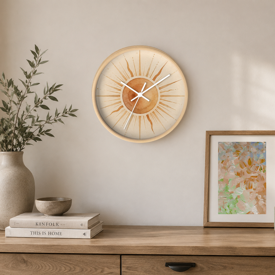 Celestial Sun Wall Clock – Warm Boho Neutral Decor
