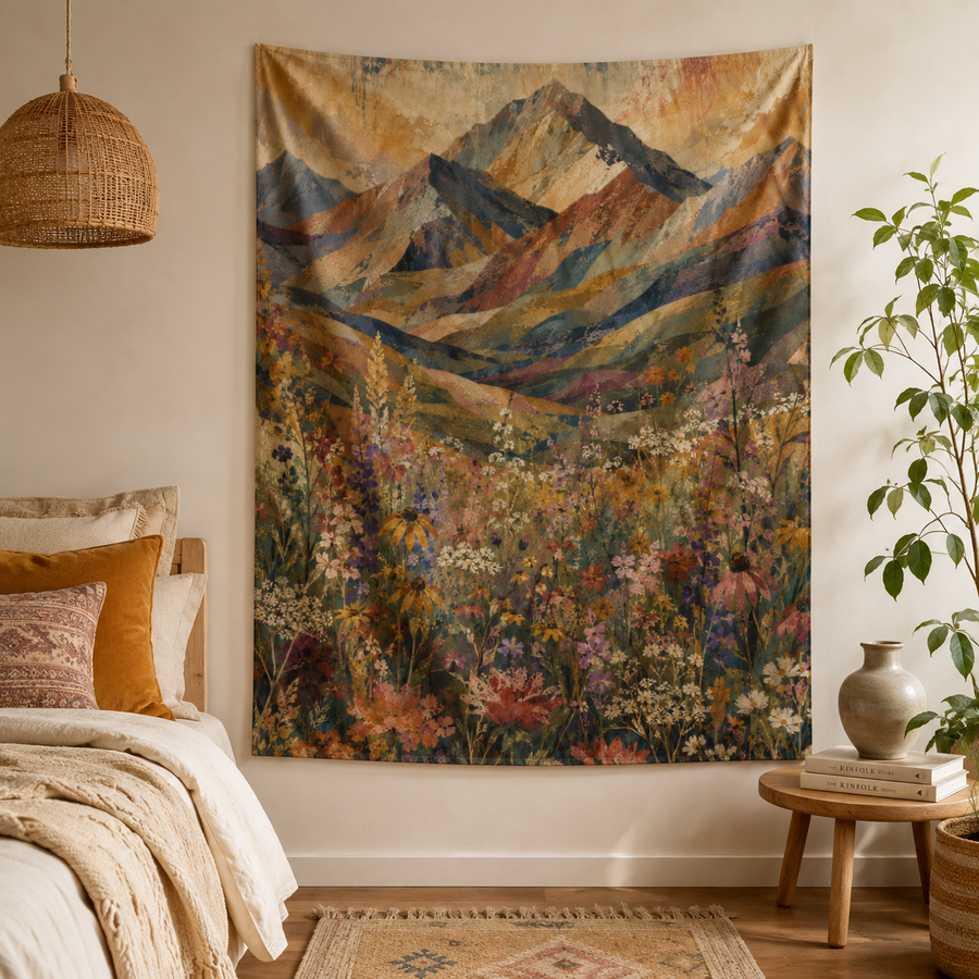Mountain Wildflower Meadow Indoor Tapestry 50×60 | Boho Abstract Landscape Wall Art