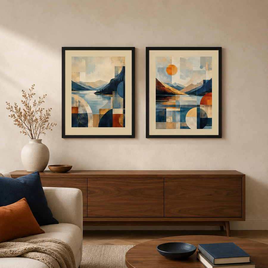Geometric Mountain Lake Framed Poster Pair 16×20 | Abstract Wall Art