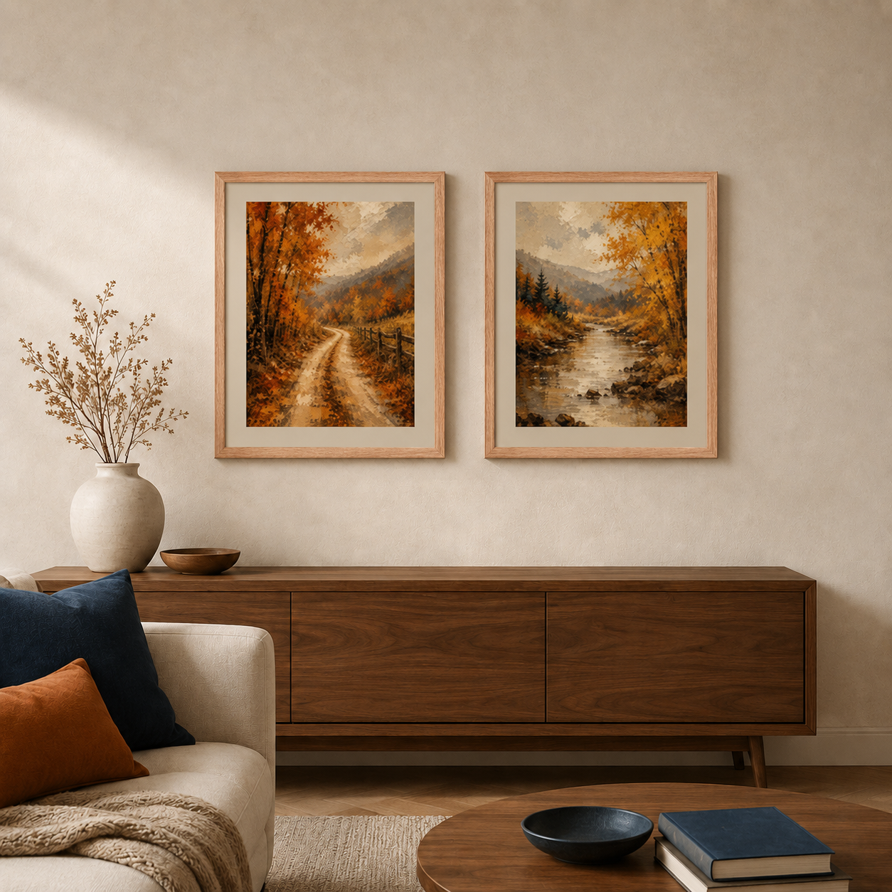 Autumn Backroad Framed Poster Pair 16×20 | Abstract Fall Landscape Wall Art Set