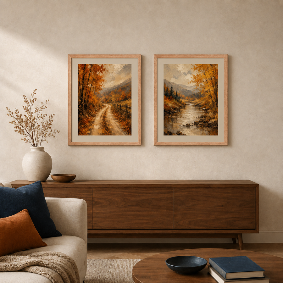 Autumn Backroad Framed Poster Pair 16×20 | Abstract Fall Landscape Wall Art Set
