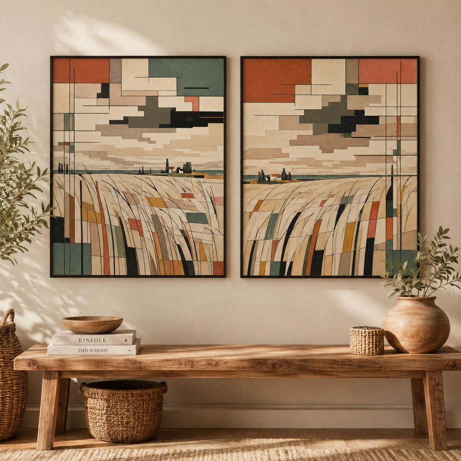 Boho Windswept Meadow Framed Poster Pair 16×20 | De Stijl Inspired Wall Art