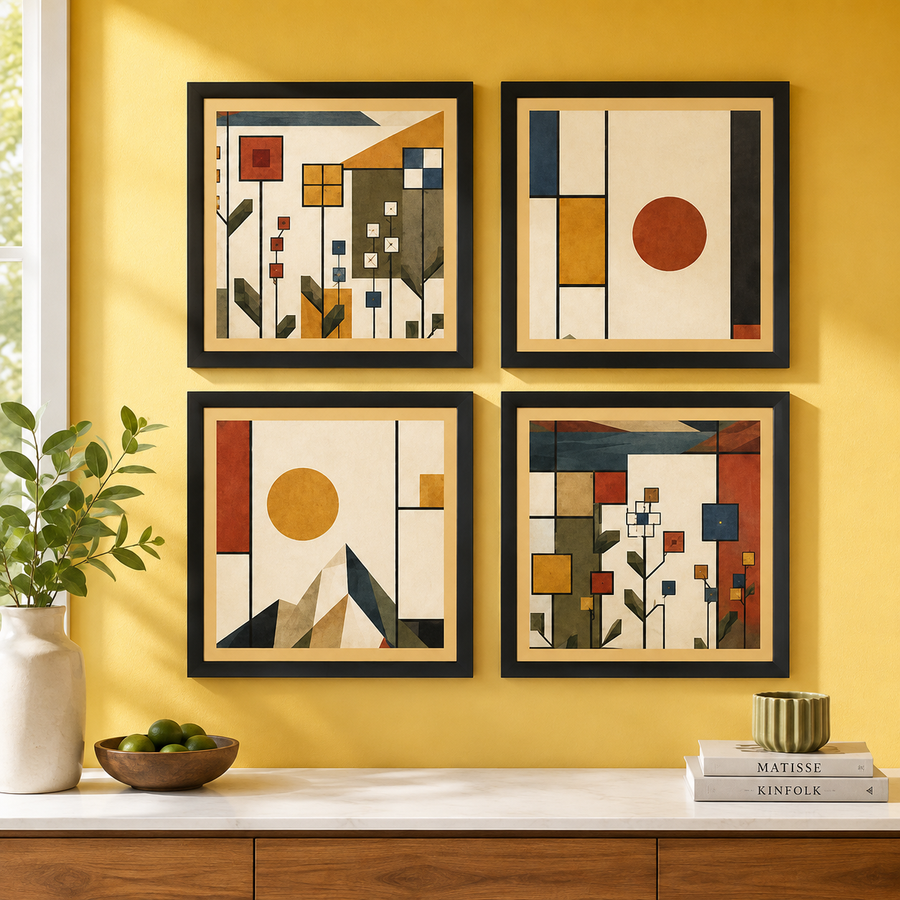 De Stijl Nature Framed Poster Set of 4 10×10 | Geometric Mountain, Sun & Wildflower Wall Art