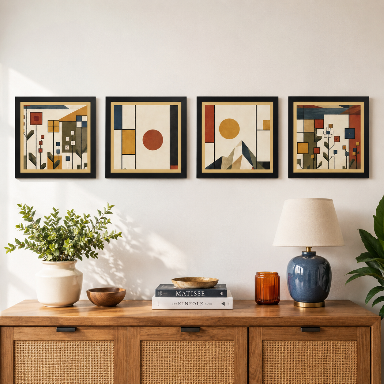 De Stijl Nature Framed Poster Set of 4 10×10 | Geometric Mountain, Sun & Wildflower Wall Art