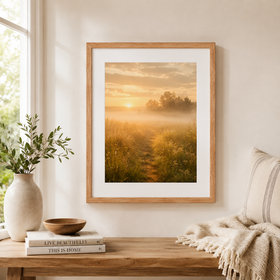 Mist Floating Through Tall Grass Framed Poster II | Golden Hour Meadow Wall Art