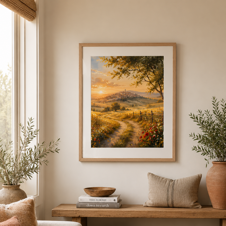 A framed landscape art print depicting a golden sunlit country road through rolling hills, displayed on a beige wall above a rustic wooden bench in a styled living room.