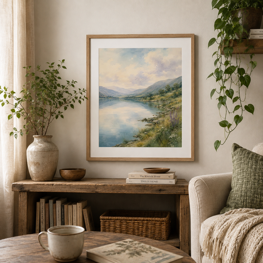Calm Lake Surrounded by Hills Framed Poster II | Serene Landscape Wall Art