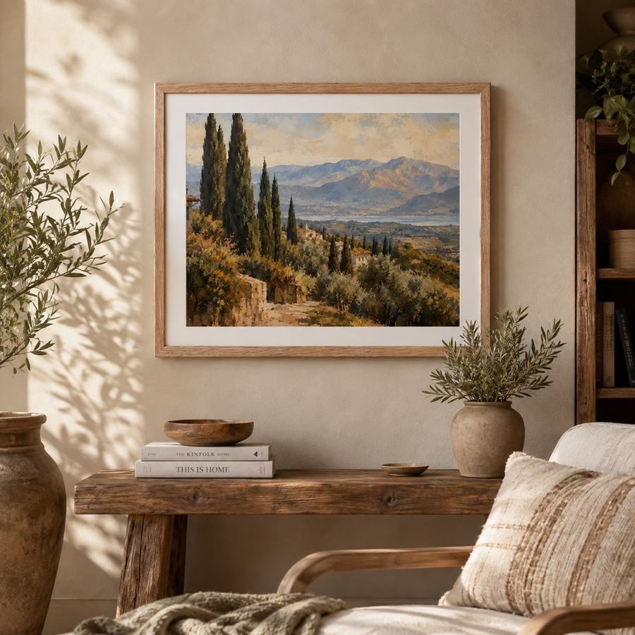 Cypress Trees & Distant Mountains Framed Poster | Mediterranean Landscape Wall Art