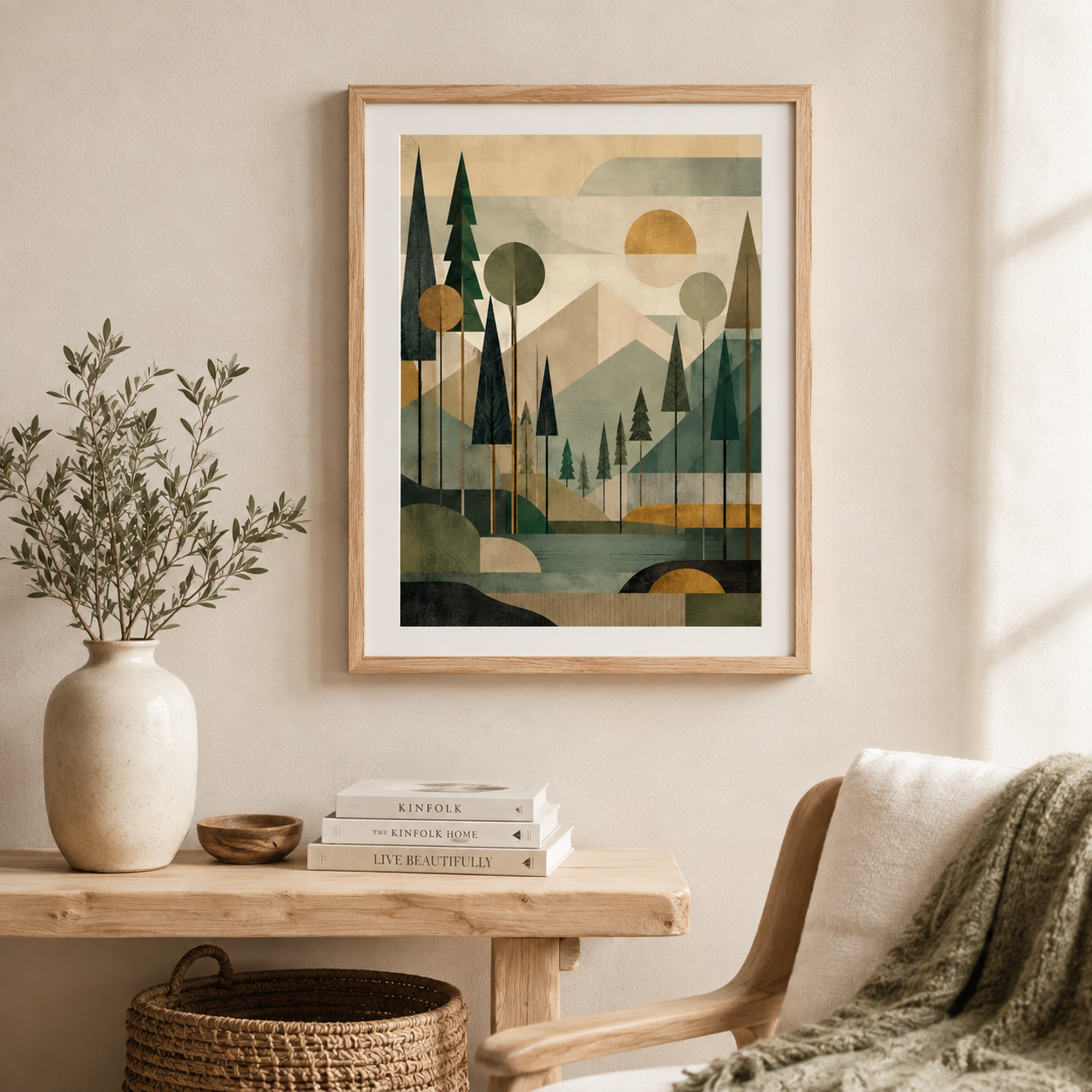 Mid-Century Mountain Forest Framed Poster | Geometric Nature Wall Art