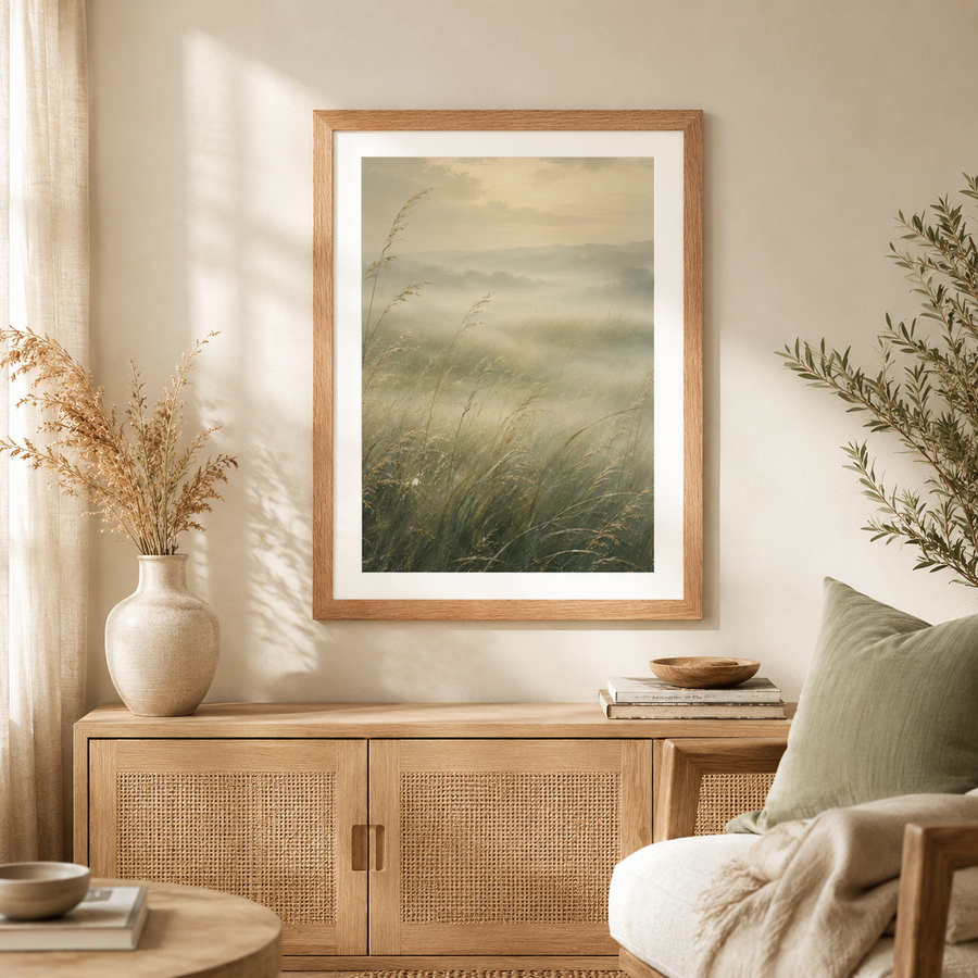 Misty Meadow Framed Poster | Neutral Nature Wall Art