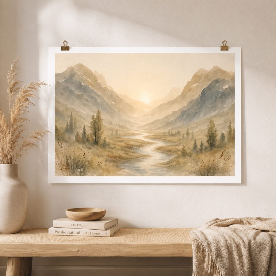 Majestic Mountain Sunrise Watercolor Poster