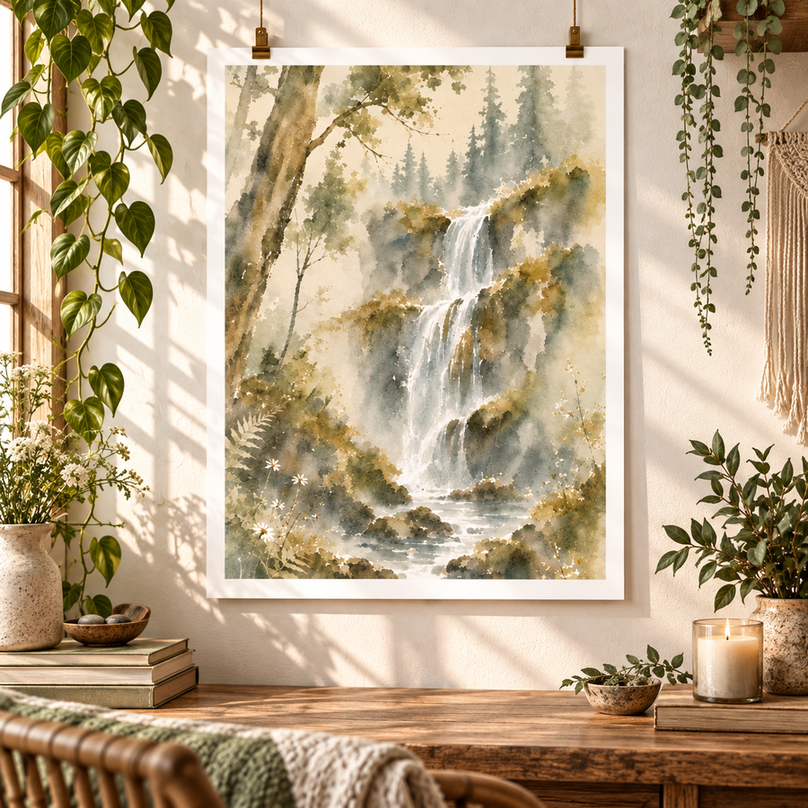 Hidden Waterfall Forest Watercolor Poster