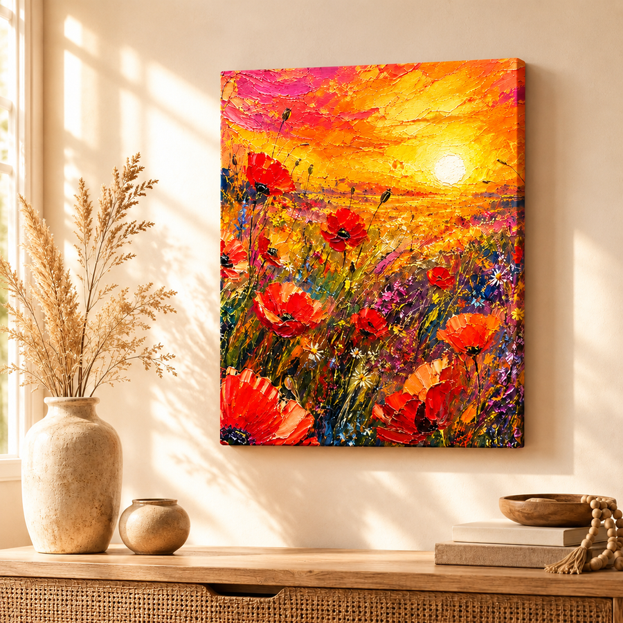 Abstract Poppy Meadow at Sunset Canvas Print | Colorful Floral Wall Art 16×20