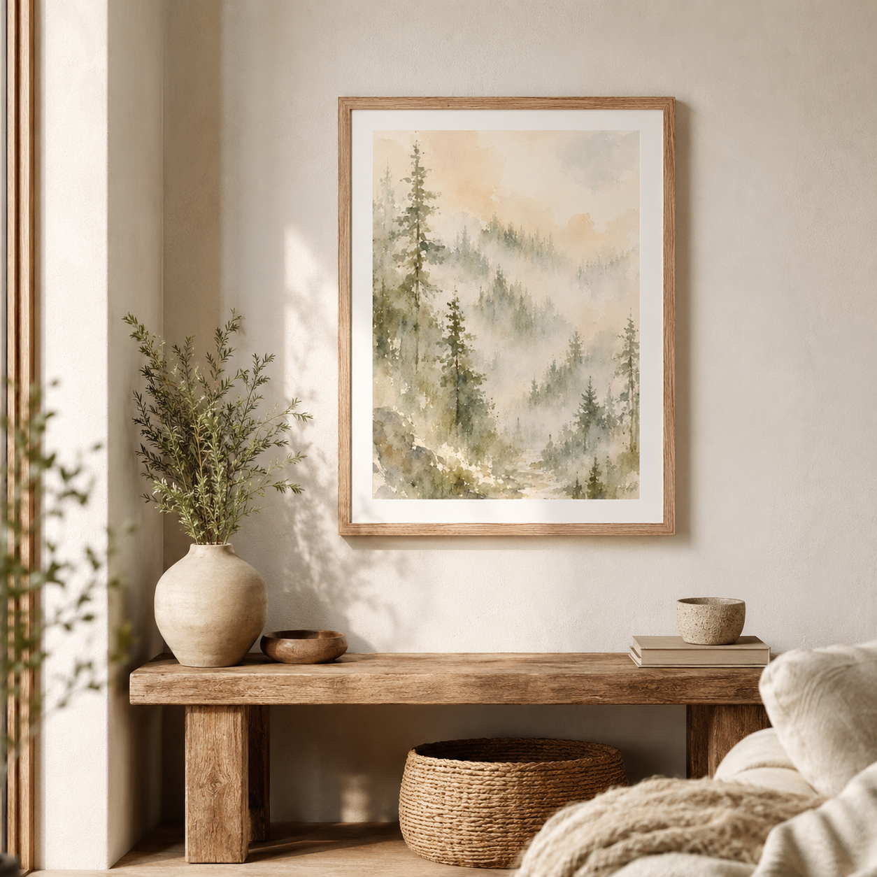 Morning Mist Forest Watercolor Framed Poster