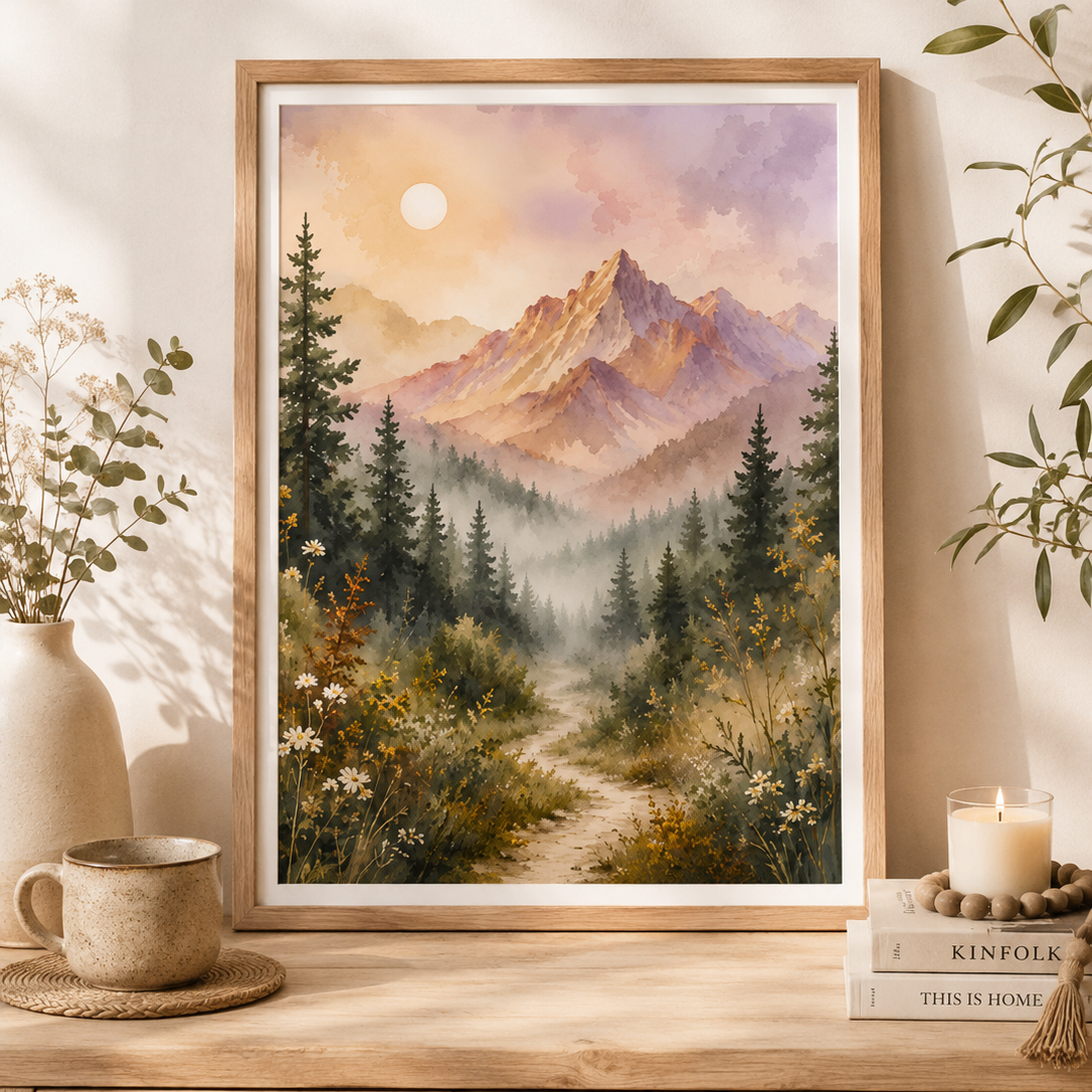 Morning Mist Mountain Forest Watercolor Framed Poster
