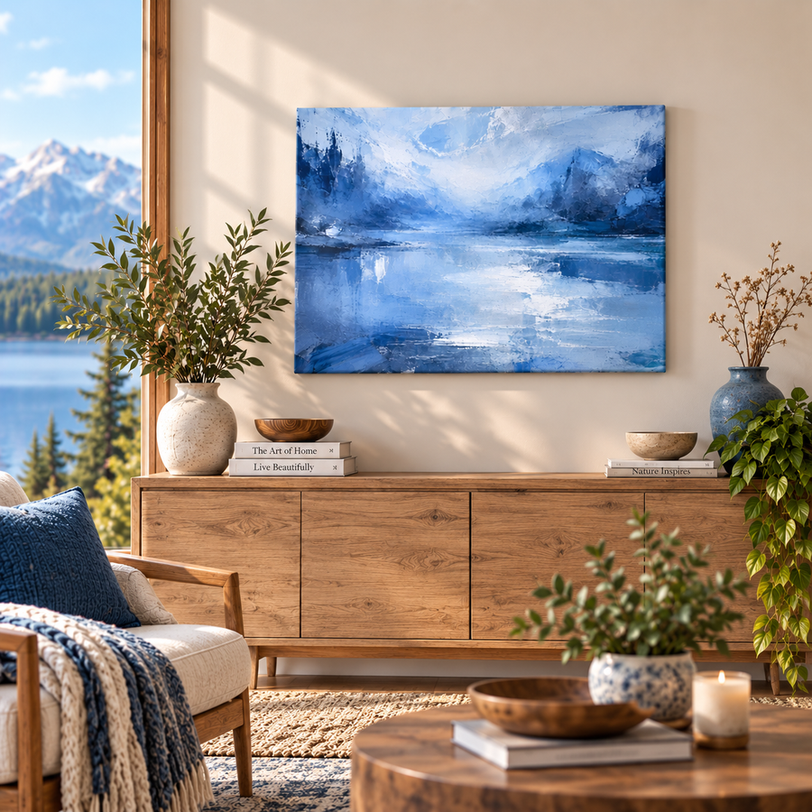 Misty Lake Abstract Canvas Print | Blue Landscape Wall Art 16×20