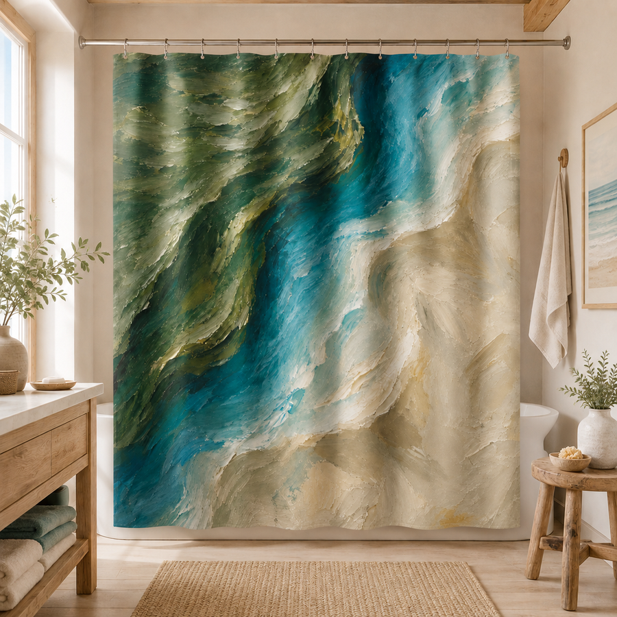 Abstract Coastal Shower Curtain – Blue & Green Nature Art