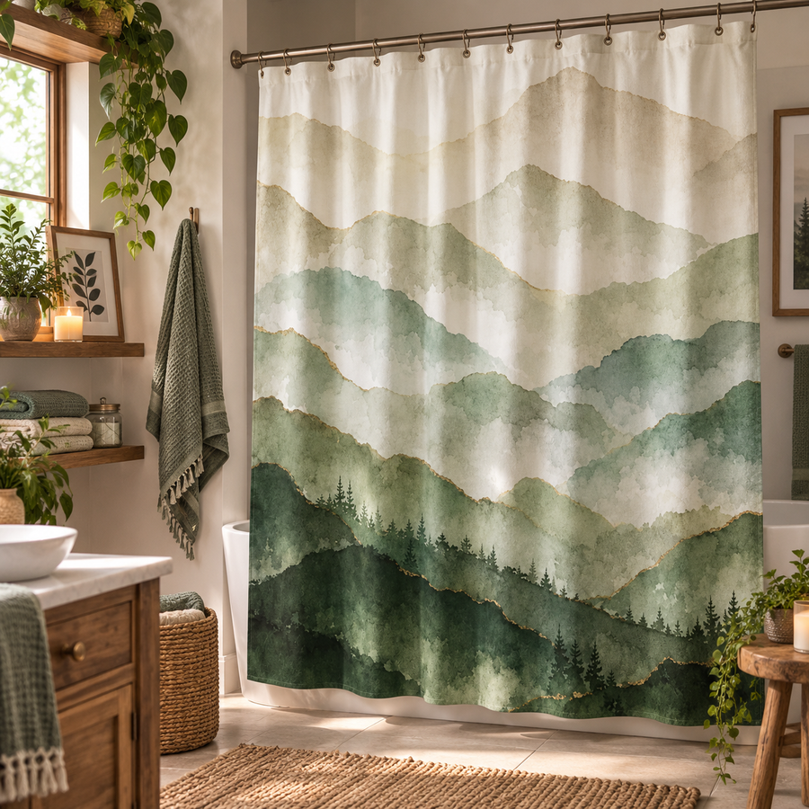 Sage Green Mountain Shower Curtain – Watercolor Misty Landscape