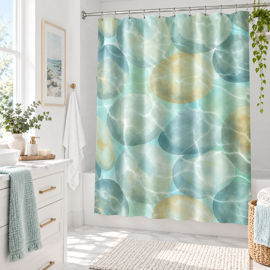 Aqua River Stones Shower Curtain – Serene Water Ripple Bathroom Decor
