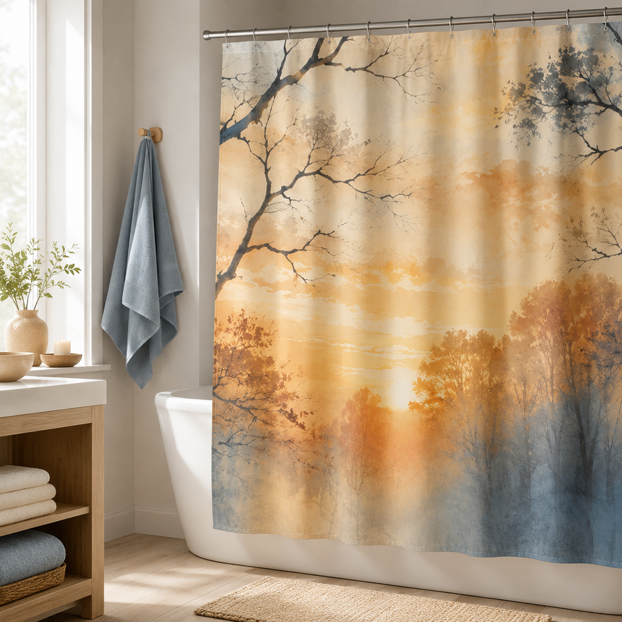 Misty Forest Sunrise Shower Curtain – Watercolor Woodland Scene