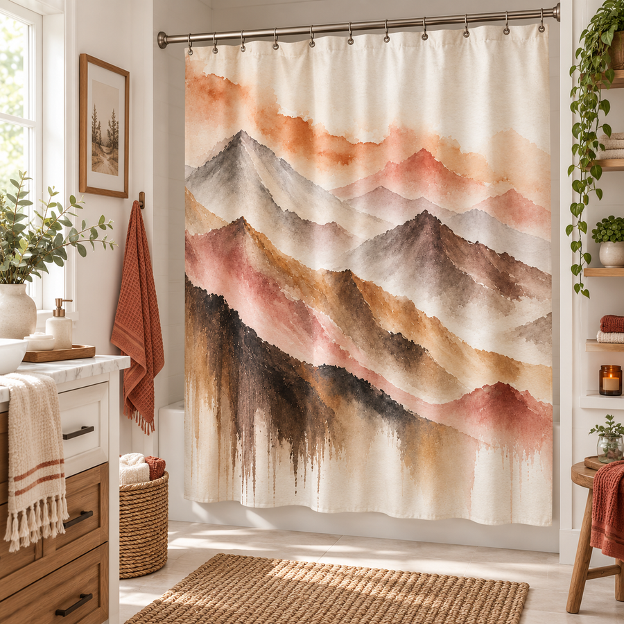 Earthy Watercolor Mountain Shower Curtain – Layered Boho Landscape