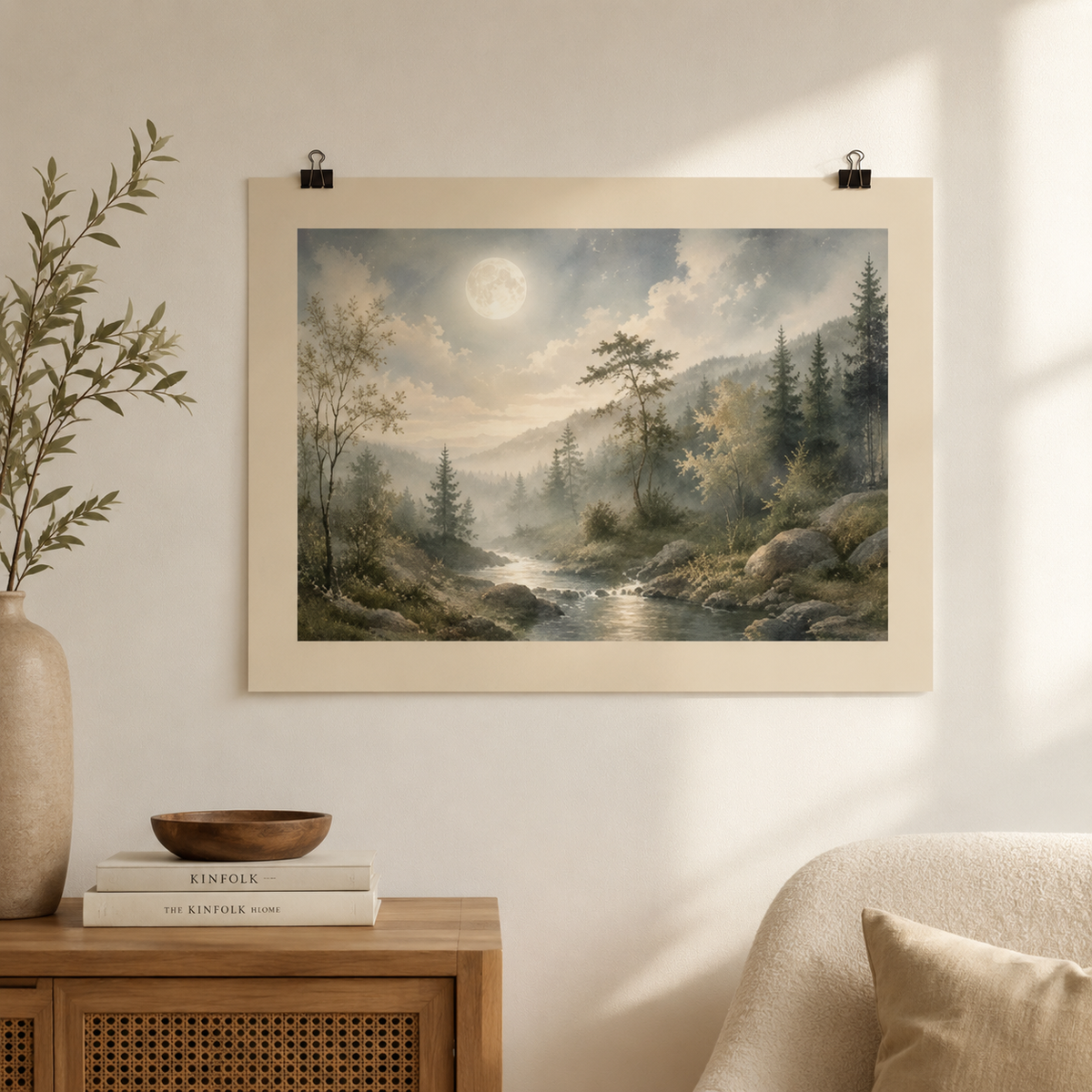 Moonlit Forest Creek Watercolor Poster