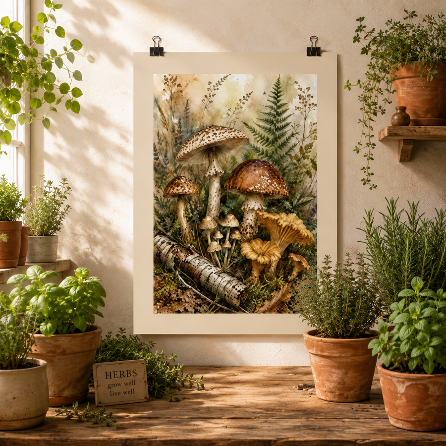 Forest Mushroom Collection Watercolor Poster