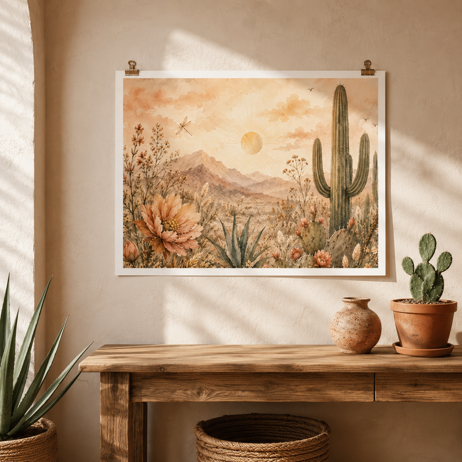Desert Blooms Beneath a Golden Sun Watercolor Poster