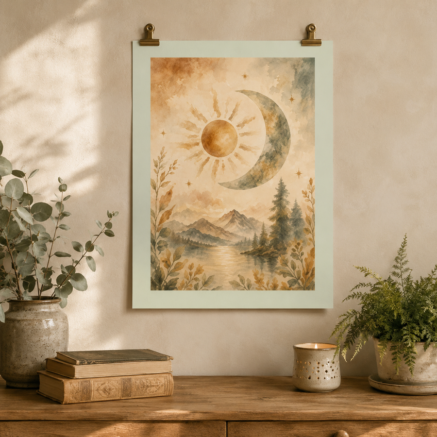 Celestial Balance Sun & Moon Watercolor Poster