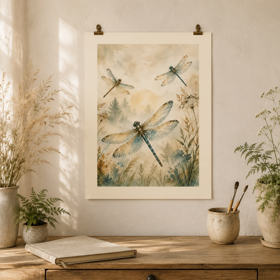 Dragonflies at Dawn Watercolor Poster