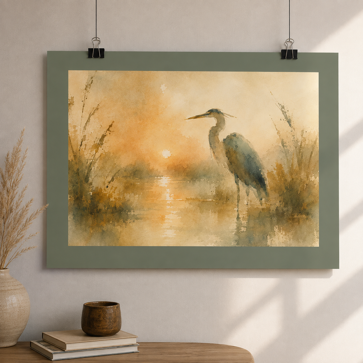 Golden Marsh Heron Watercolor Poster
