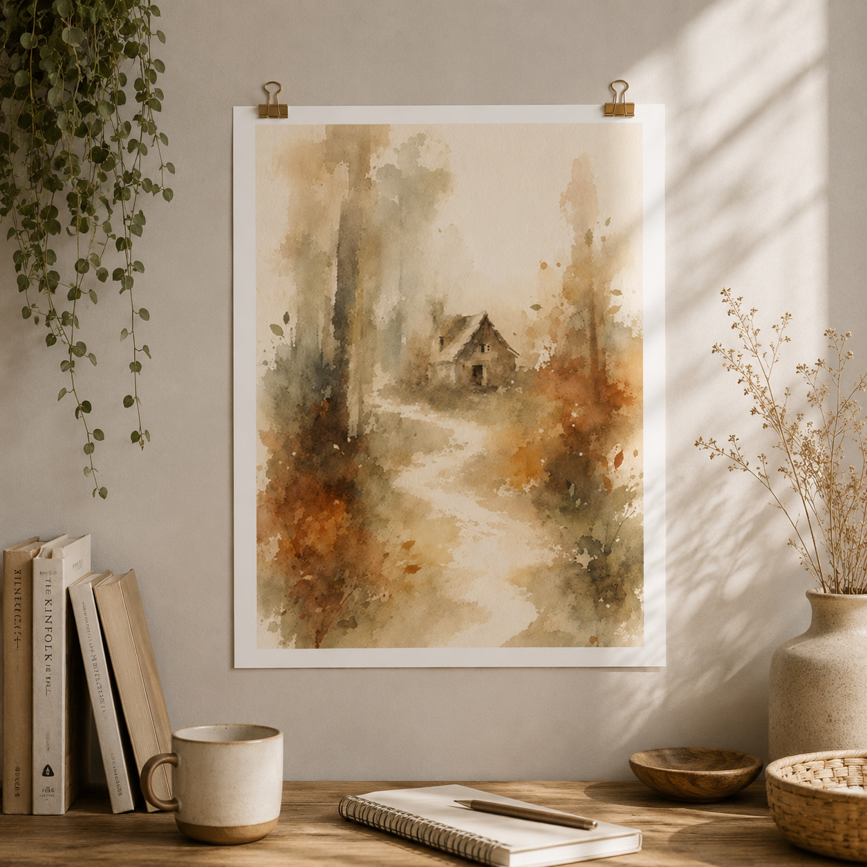 Whispering Woodland Cottage Watercolor Poster