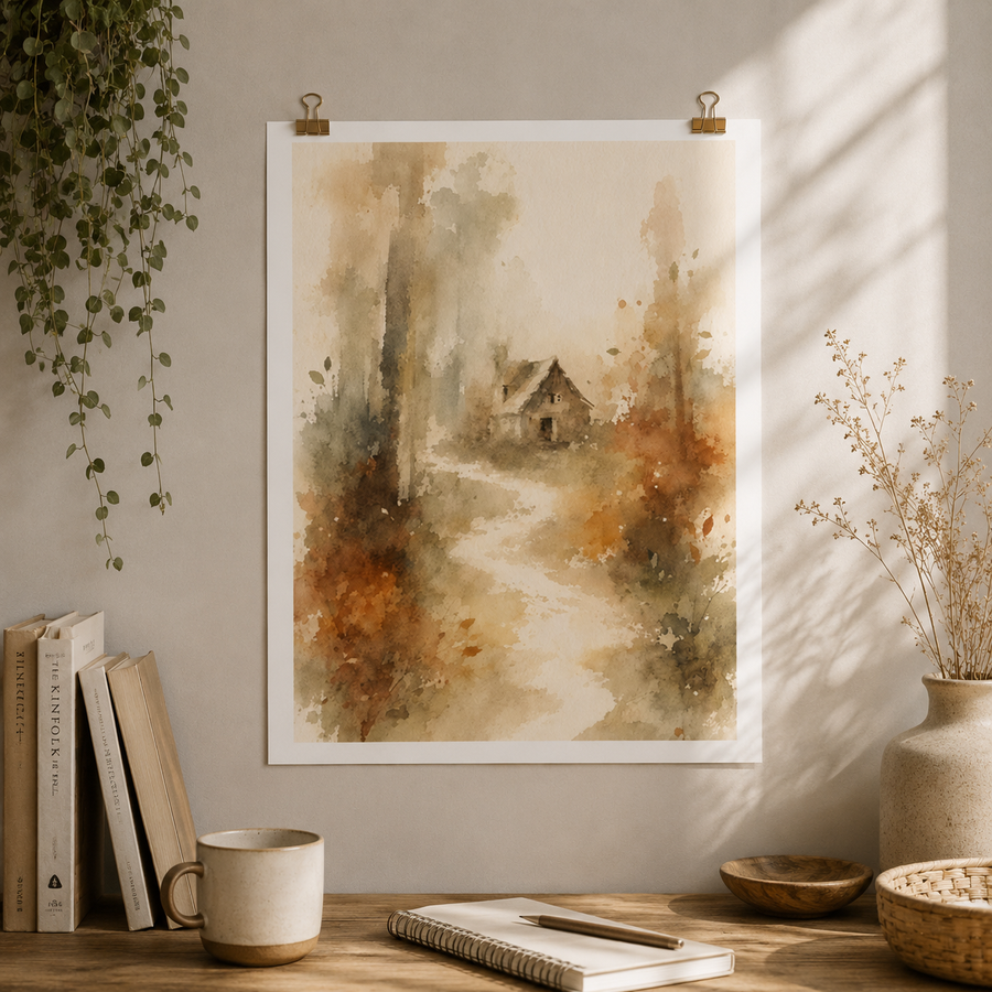Whispering Woodland Cottage Watercolor Poster