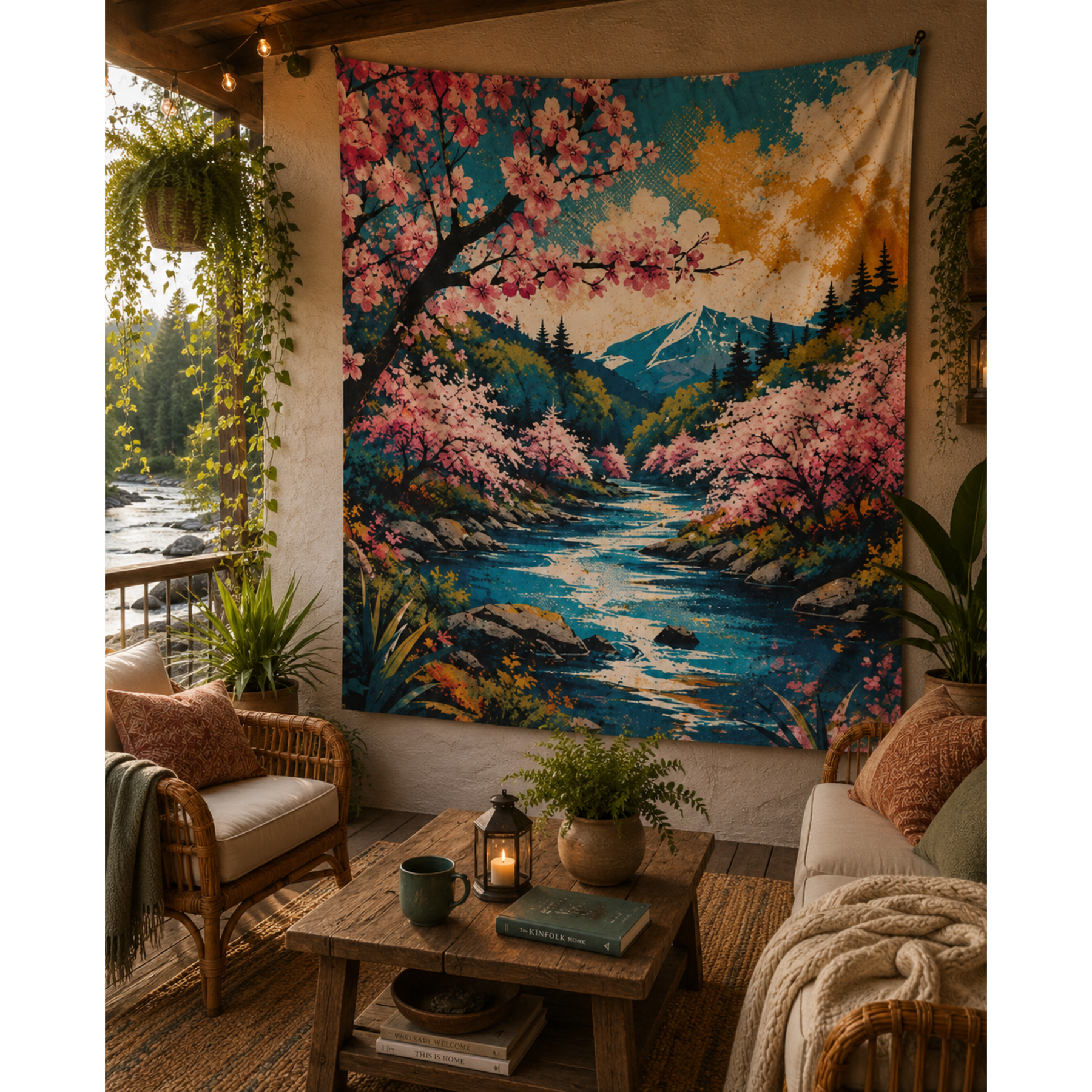 Cherry Blossom Street Art Indoor Tapestry 50×60 | River Wall Art