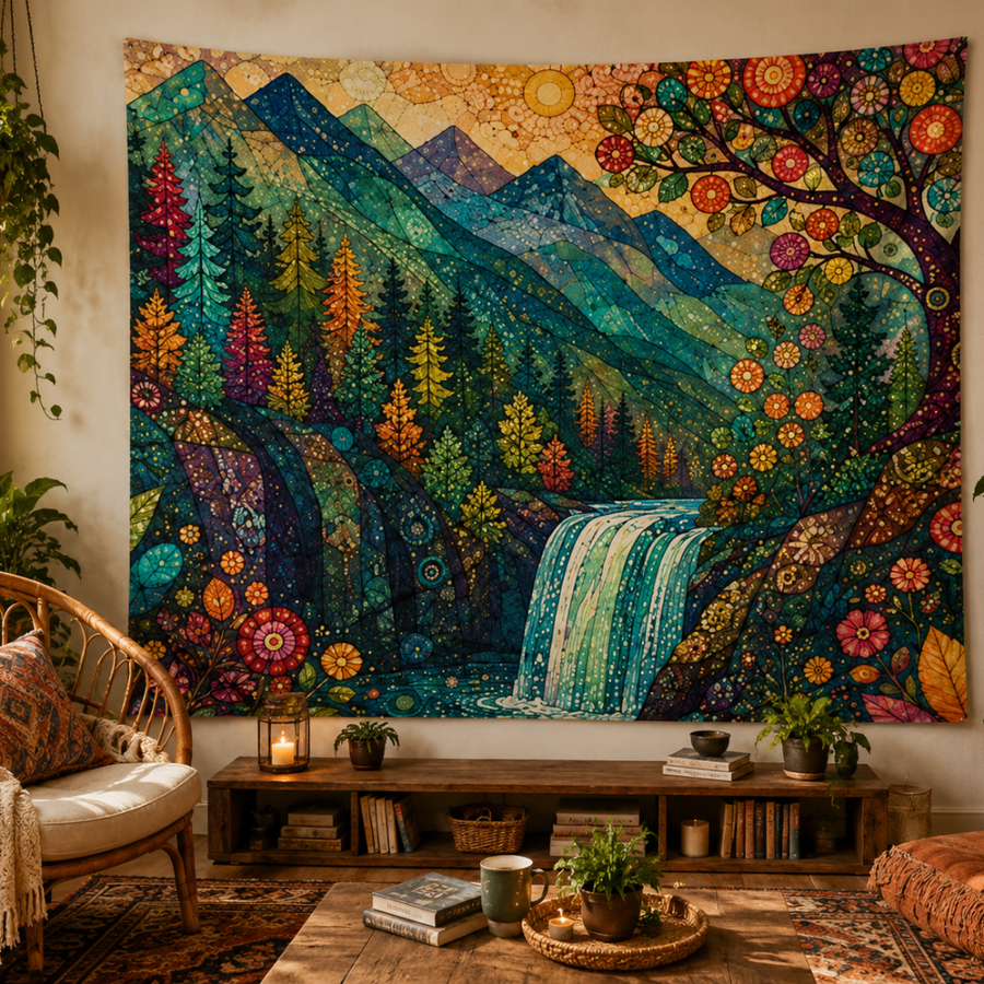 Colorful Boho Waterfall Indoor Tapestry 50×60 | Nature Wall Decor