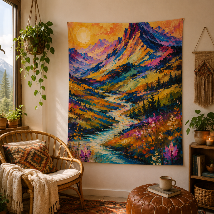 Colorful Mountain River Indoor Tapestry 50×60 | Wildflower Wall Art
