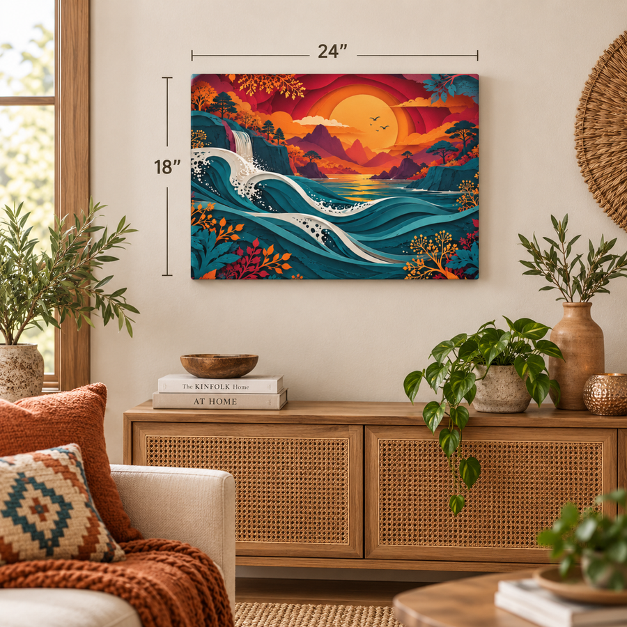 Colorful Paper-Cut Ocean Sunset Canvas 24×18 horizontal wall art mockup