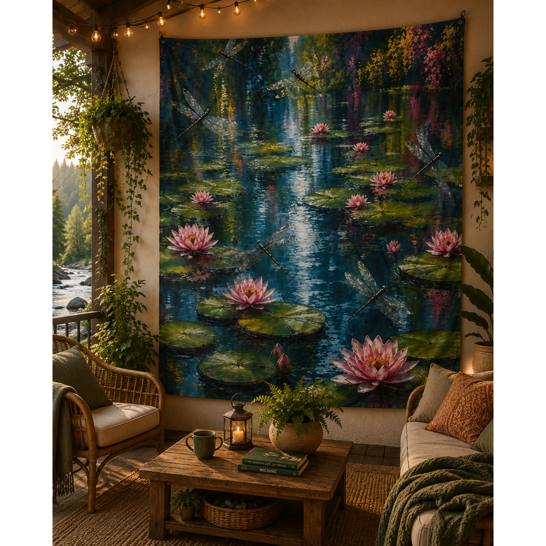 Dragonflies Over a Lily Pond Indoor Tapestry 50×60 | Colorful Nature Wall Art